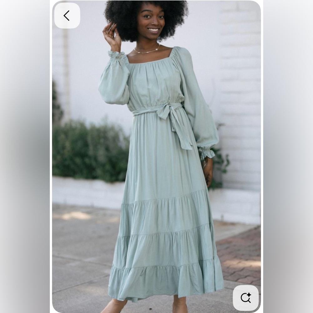 Square-Neck Sage Maxi Dress with Tie Waist
